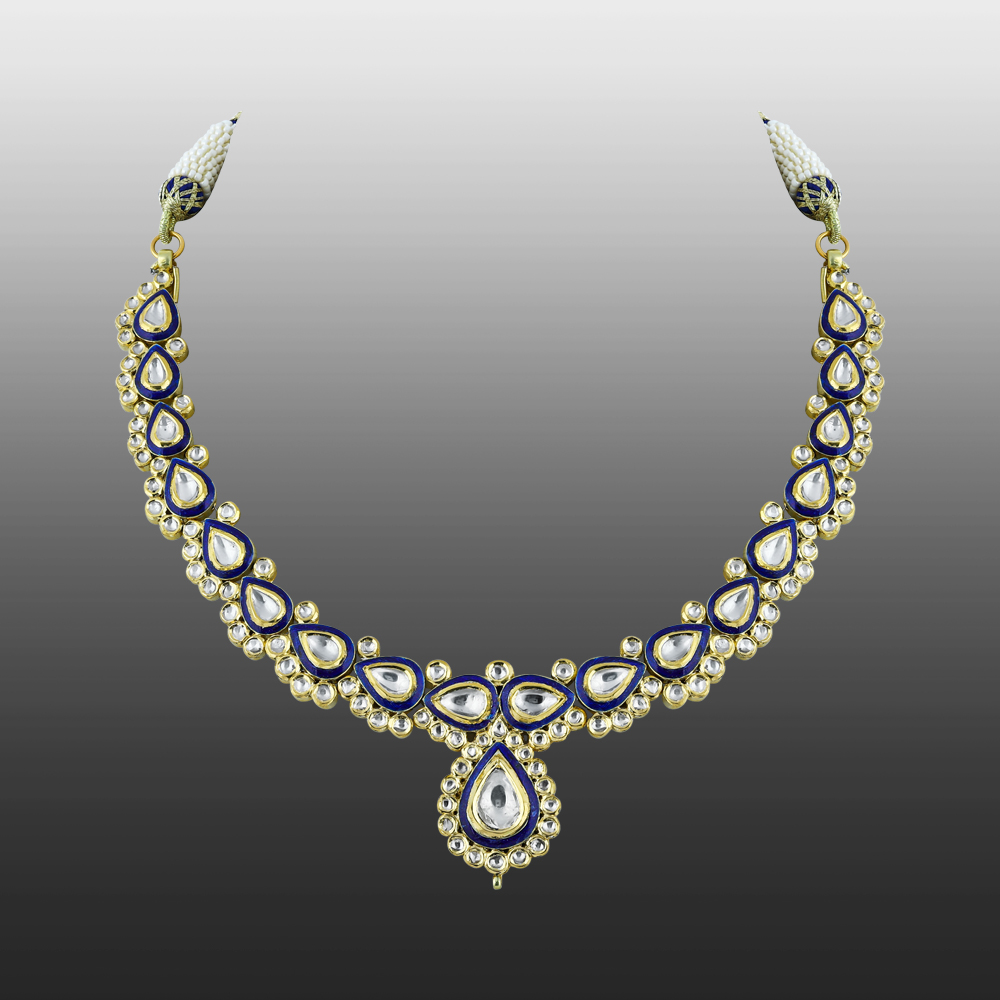 Polki Necklace with Blue Enamel Border